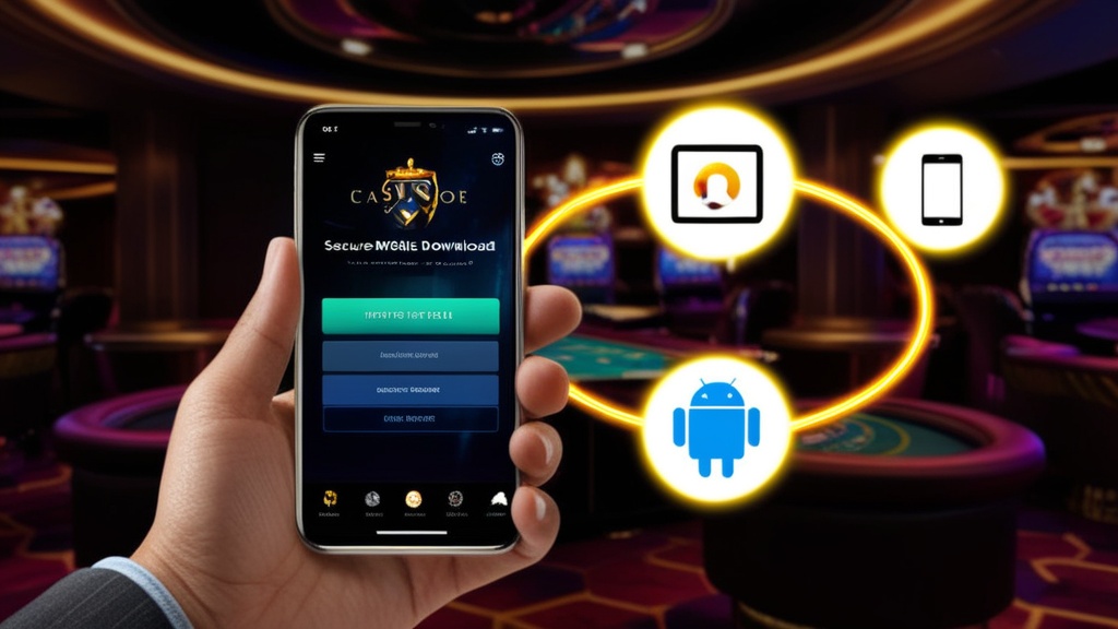 Smartphone met casino-downloadpagina naast Android- en iPhone-symbolen