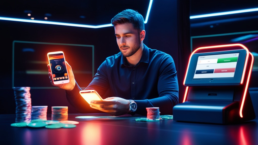 Speler doet een storting via mobiel in een donker casino met chips en betaalterminal