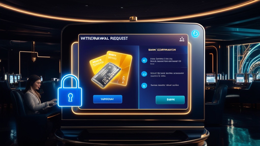 Uitbetalingsscherm in een donker casino met verificatie en bevestigde opname