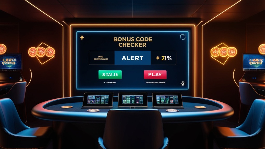 Donkere casino-opstelling met controle van een bonuscode op een scherm