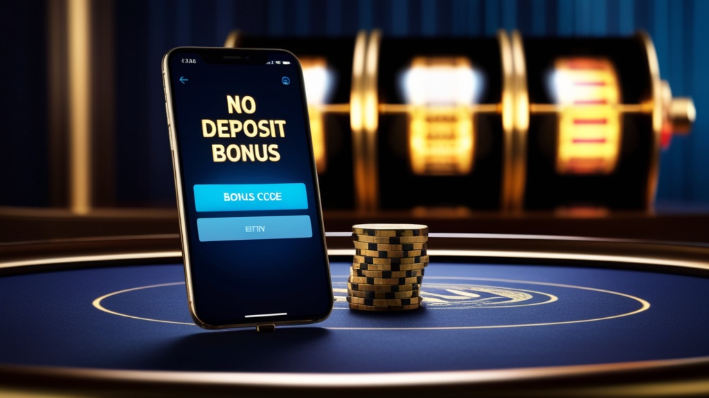 Donkere casino-scène met scherm voor no deposit bonuscode en sfeerverlichting